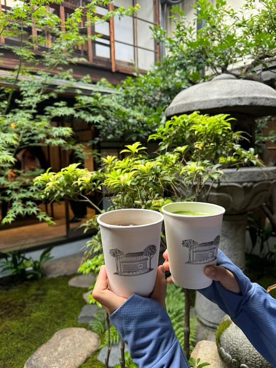 Sipping coffee in the Japanese courtyard at LE LABO Kyoto Machiya Café