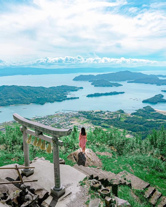 Panoramic view of Yatsushiro Sea from Kuratake Shrine in Kumamoto, Japan