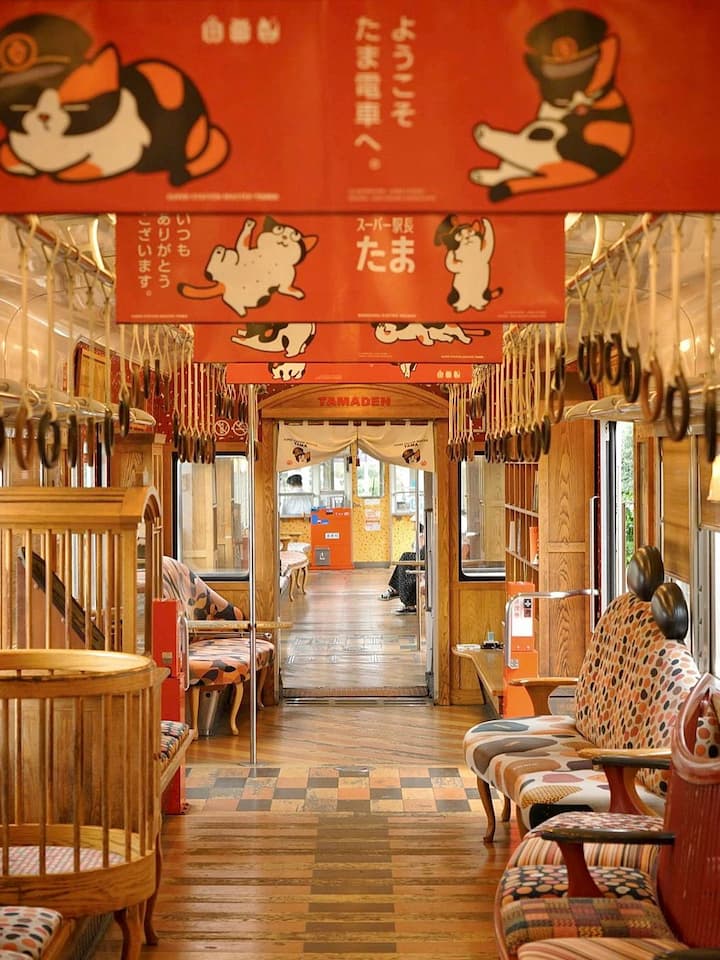 The Wakayama Electric Railway train with cat-themed décor and a plush, friendly cat stationmaster, Tama, at the platform