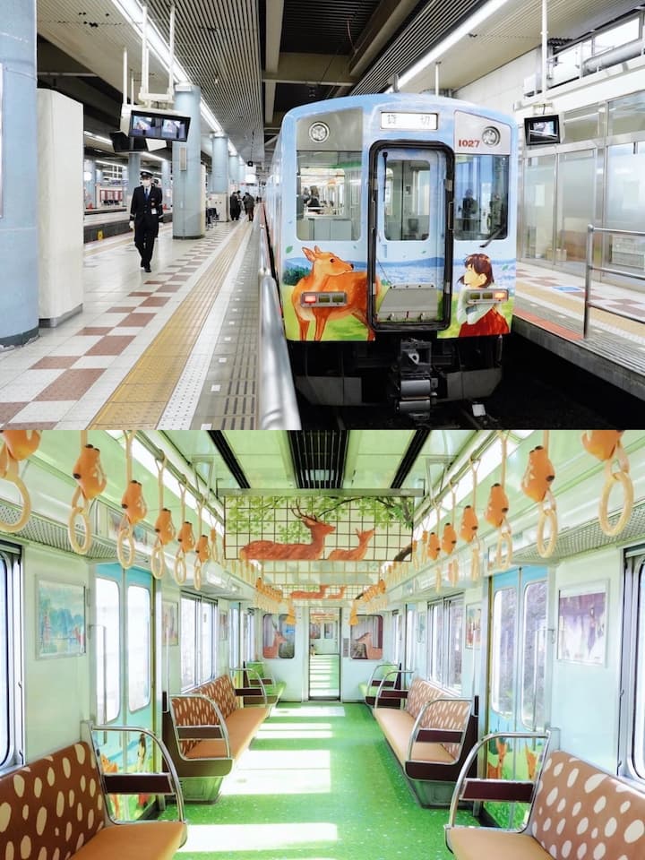 The Narashika Train with deer-themed illustrations and handrails, reflecting the natural beauty of Nara Park's deer