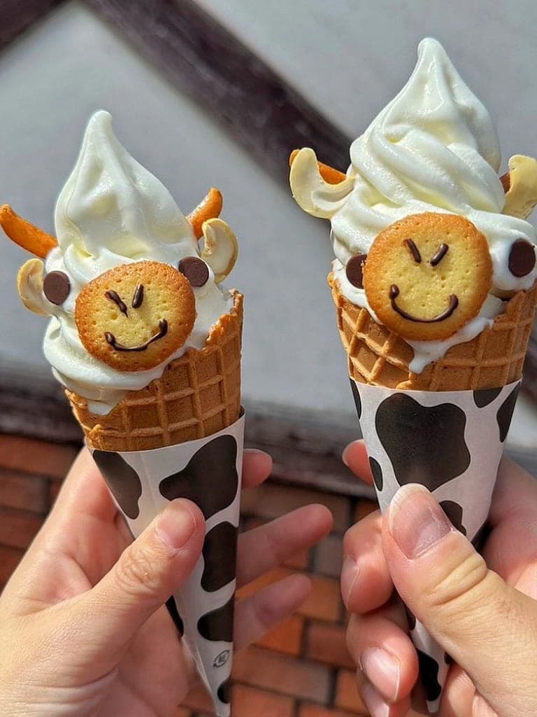 Charming cow-shaped ice cream enjoyed at Rokko Mountain Pasture in Kobe