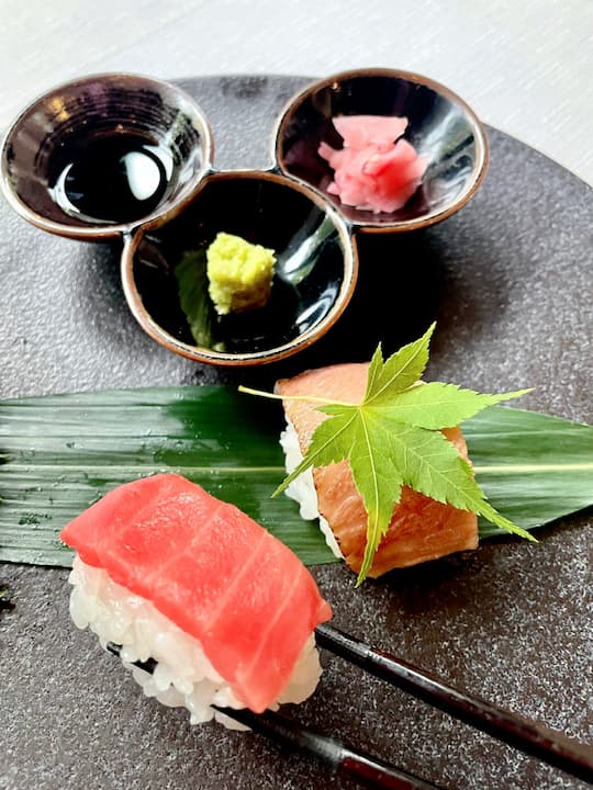 Beautifully presented Temari Sushi at Higashiyama Garden in Kyoto, blending Japanese and French culinary styles.