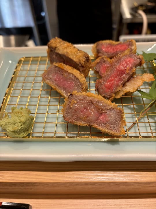 A crispy-on-the-outside, tender-on-the-inside Wagyu cutlet at Kyoto Tonkatsu Katsuta (とんかつ かつ田) in Kyoto.