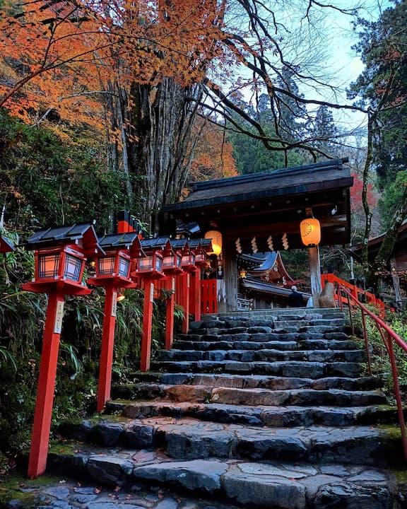 Kifune Shrine, mountain path lined with red wooden lanterns