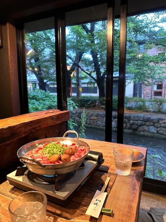 Delicious beef sukiyaki and grilled beef tongue at Negiya Heikichi Takasegawa restaurant in Kyoto