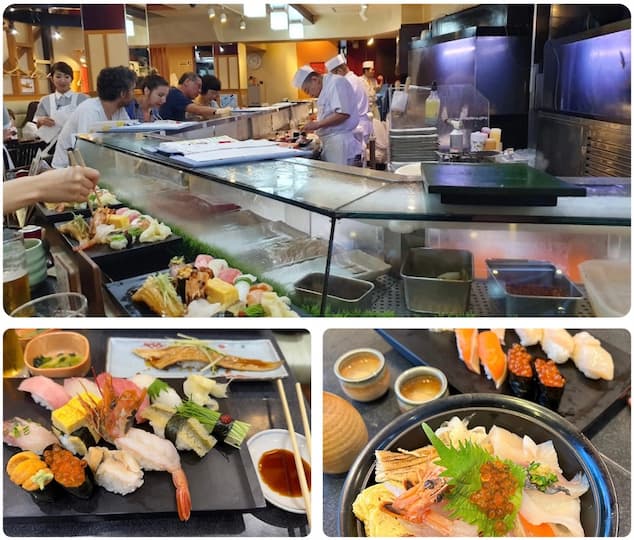 Outside view of Sushizanmai in Tsukiji, Tokyo, showcasing freshly made sushi, including a towering tuna bowl and variety sushi platter