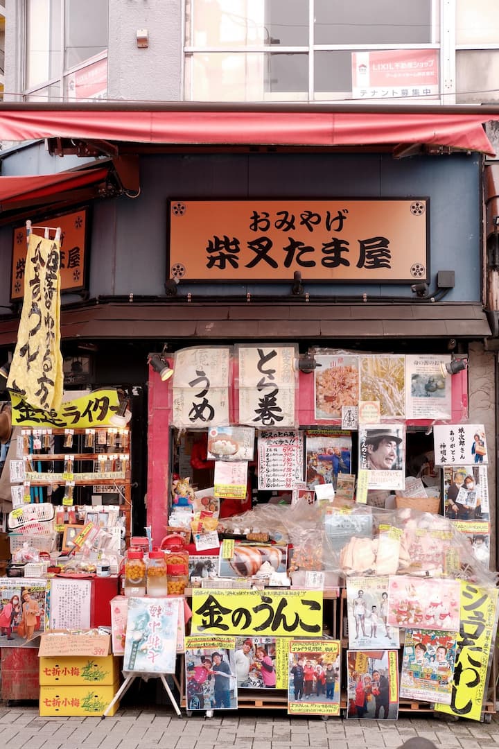 Retro-style shops and buildings along a bustling street in Shibamata, showcasing unique merchandise and traditional Japanese snacks