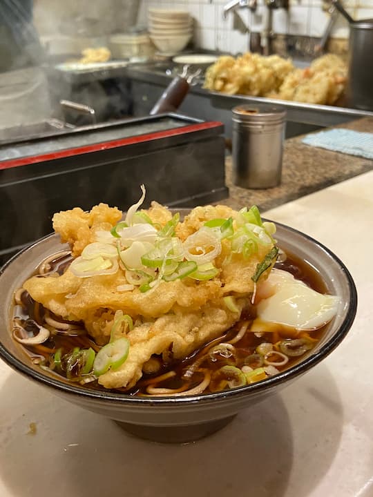 Hot bowl of soba noodles at a soba noodle shop at Kameya