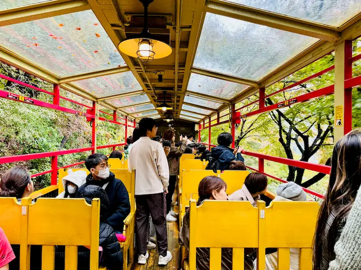 Interior of the open-air observation car on the Sagano Scenic Railway, offering panoramic views of Kyoto's Arashiyama