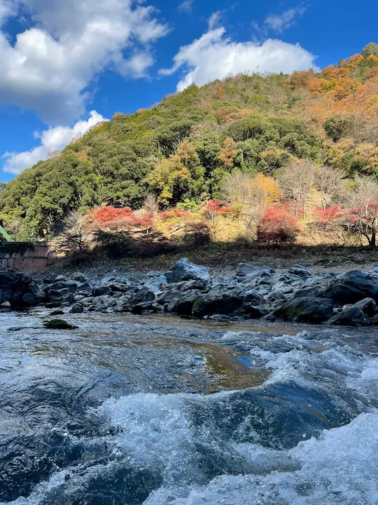 Hozugawa River boat skillfully maneuvering through rocks and rapids in Kyoto's Arashiyama, with water rushing swiftly around